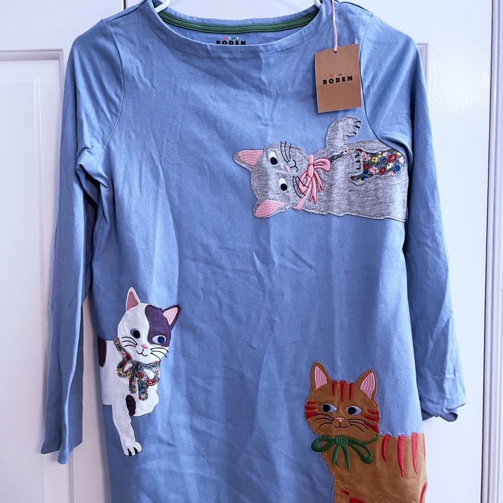 New Mini Boden Cat Appliqué Tunic Dress, size 11-12